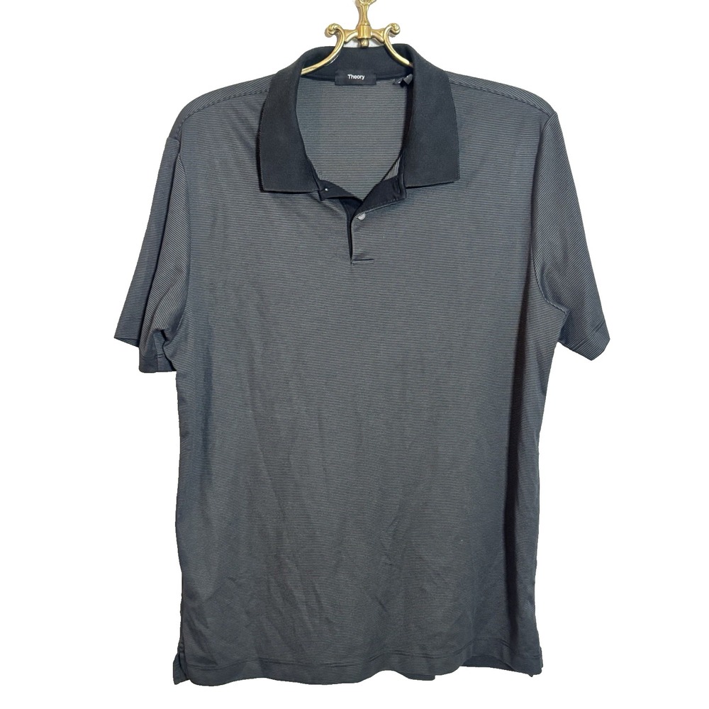 Theory Men's Striped Polo Shirt Sz L Black Striped Short Sleeve Hipster Pima